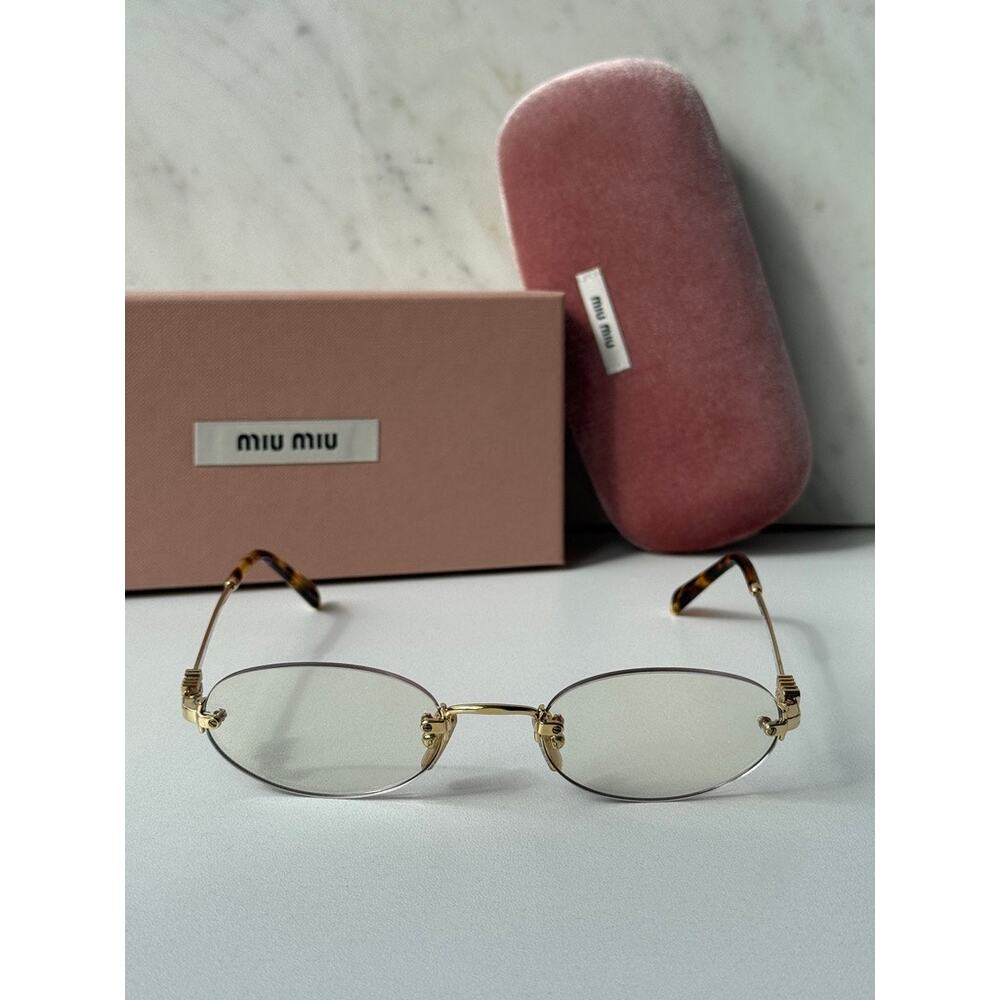 NEW Miu Miu MUA54S 5AK08N Bluelight Oval Sunglasses in Gold - Picture 6 of 8